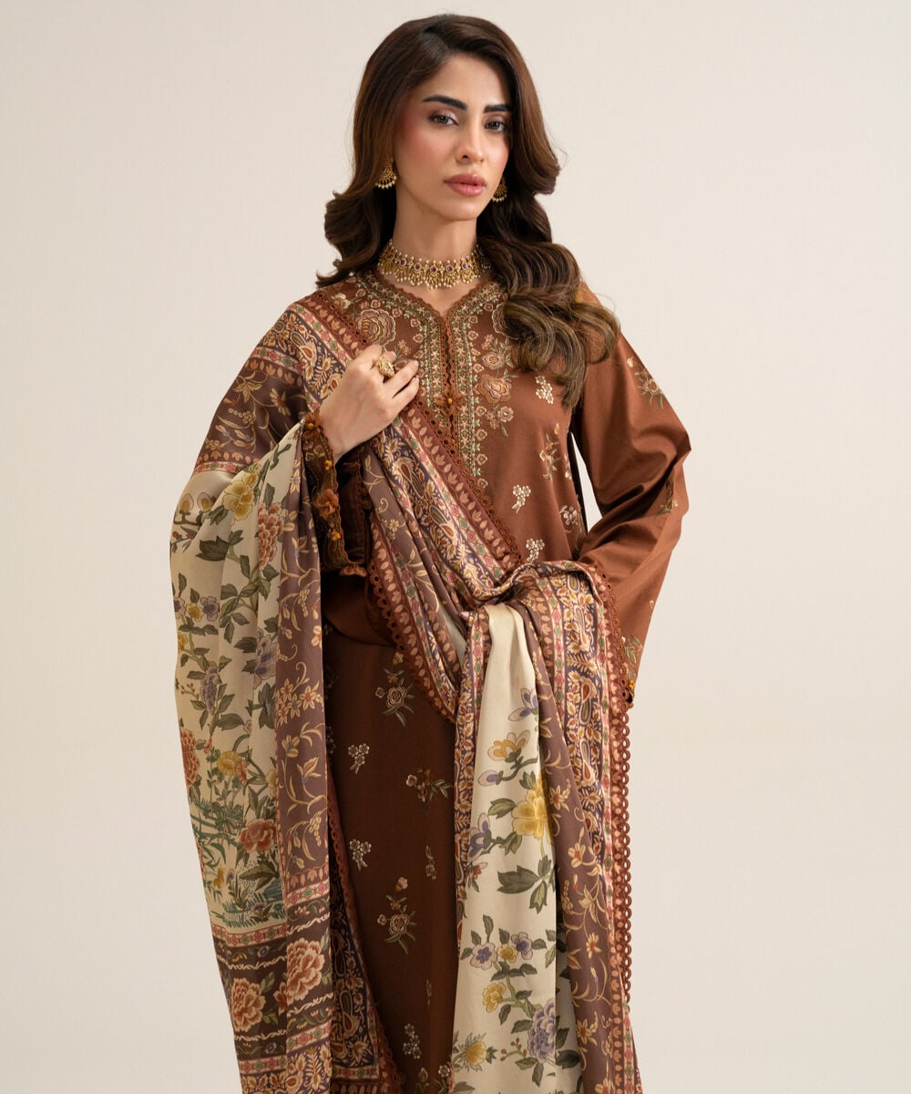 Women's Unstitched Fine Cotton Satin Embroidered Light Brown & Off White 3 Piece Suit