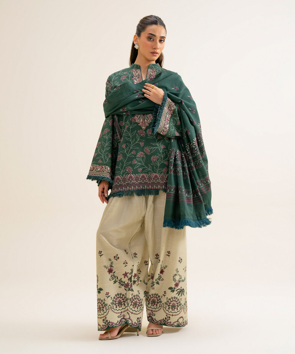 Women's Unstitched Premium Khaddar Embroidered Green 3 Piece Suit