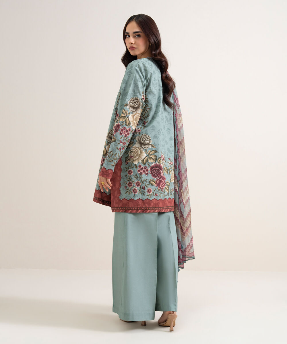 Women's Unstitched Cotton Printed Blue  3 Piece Suit