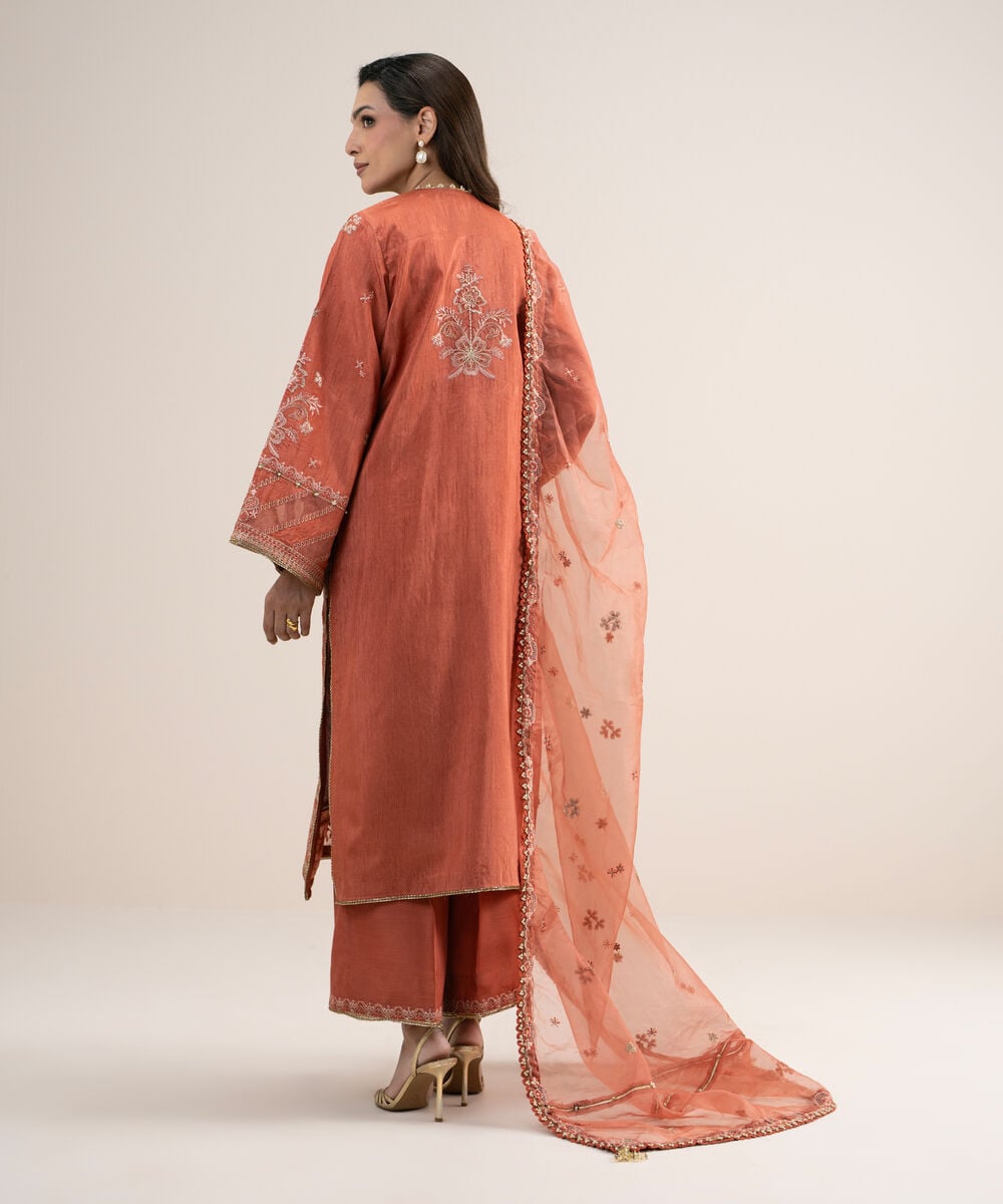 Womens Unstitched Viscose Raw Silk Embroidered Peach 3 Piece Suit