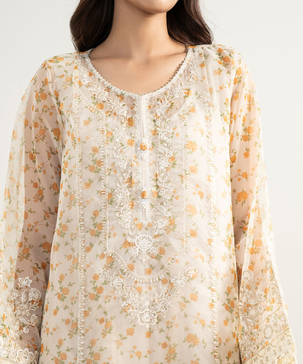 Women's RTW Blended Organza Embroidered Yellow 3 Piece Suit