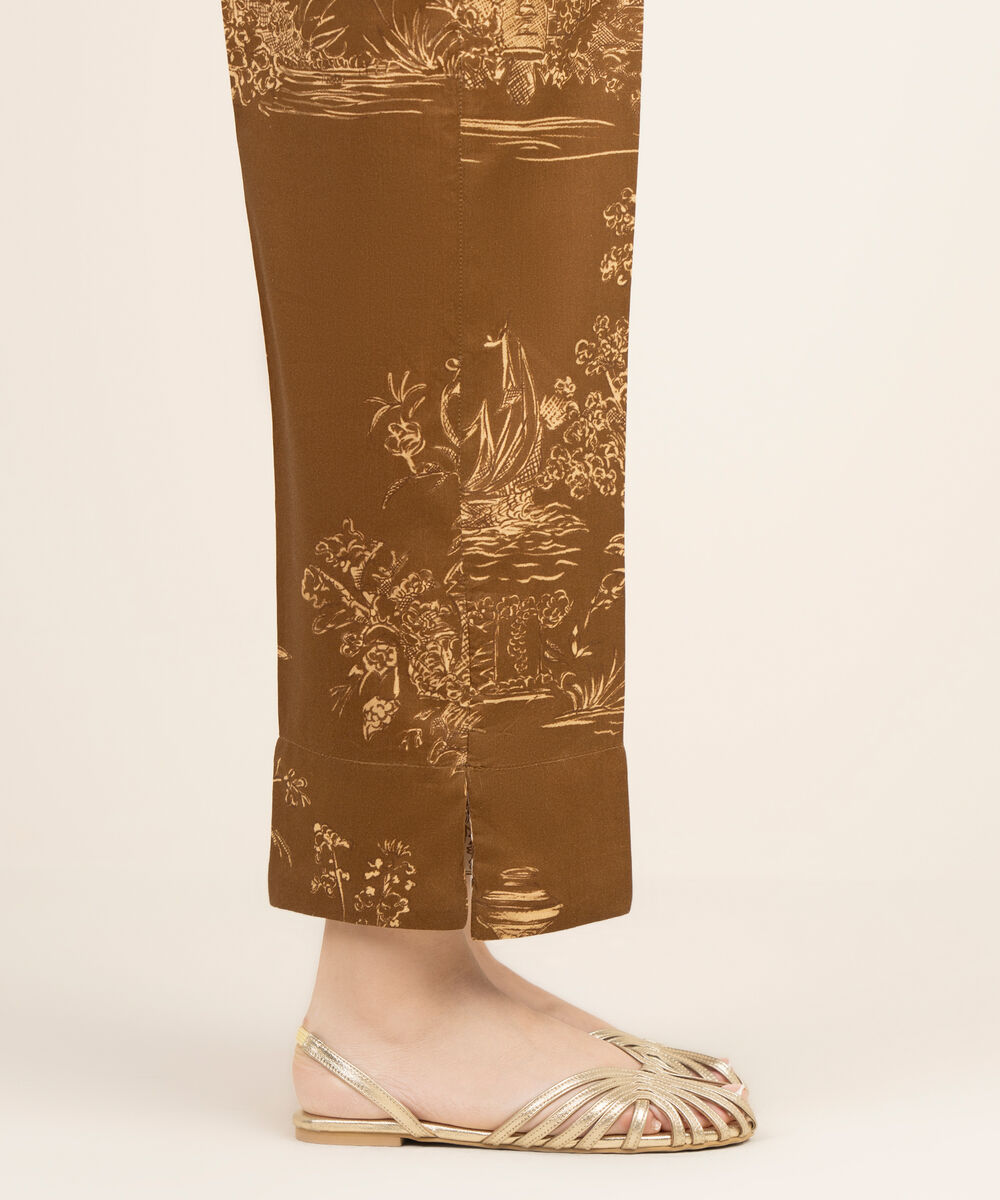 Women's RTW Cotton Viscose Printed Brown Straight Pants