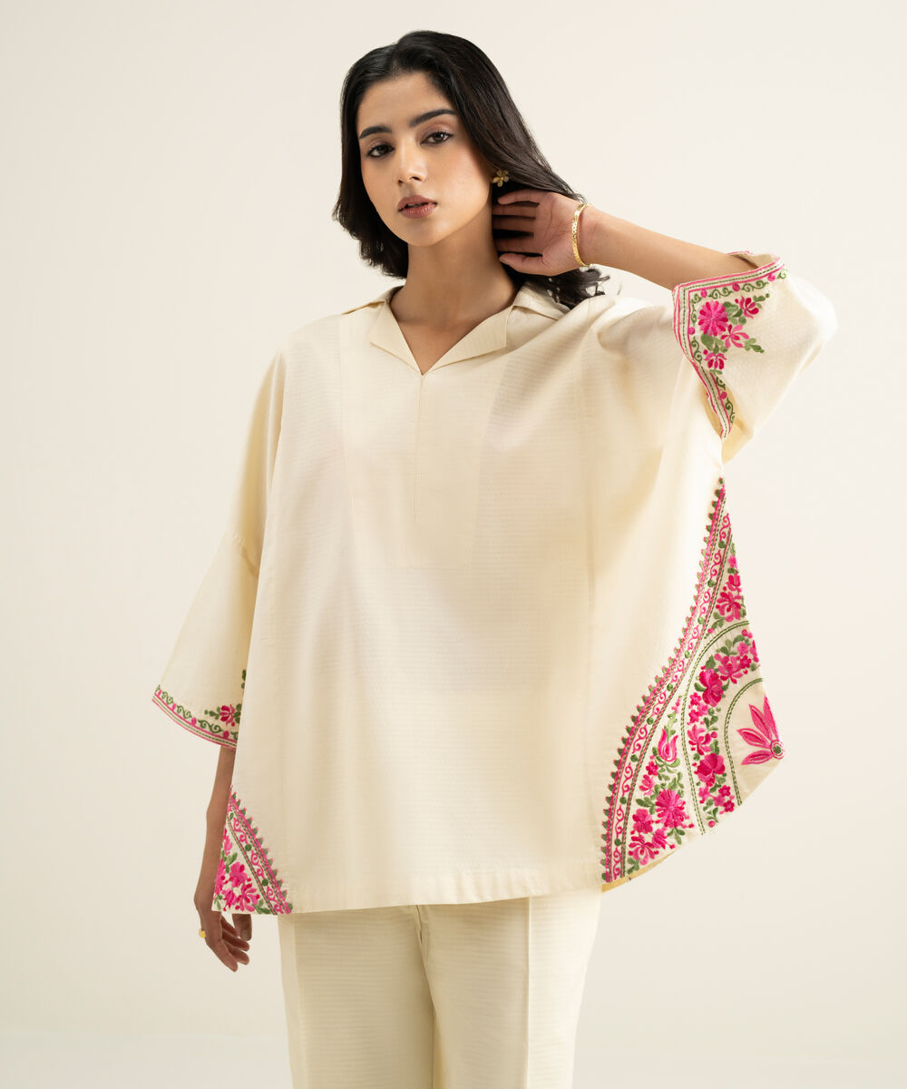 Women's RTW Dobby Embroidered Off White Drop Shoulder Shirt