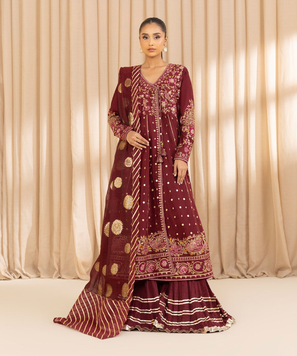 Unstitched Women's Red Viscose Raw Silk 3 Piece Suit