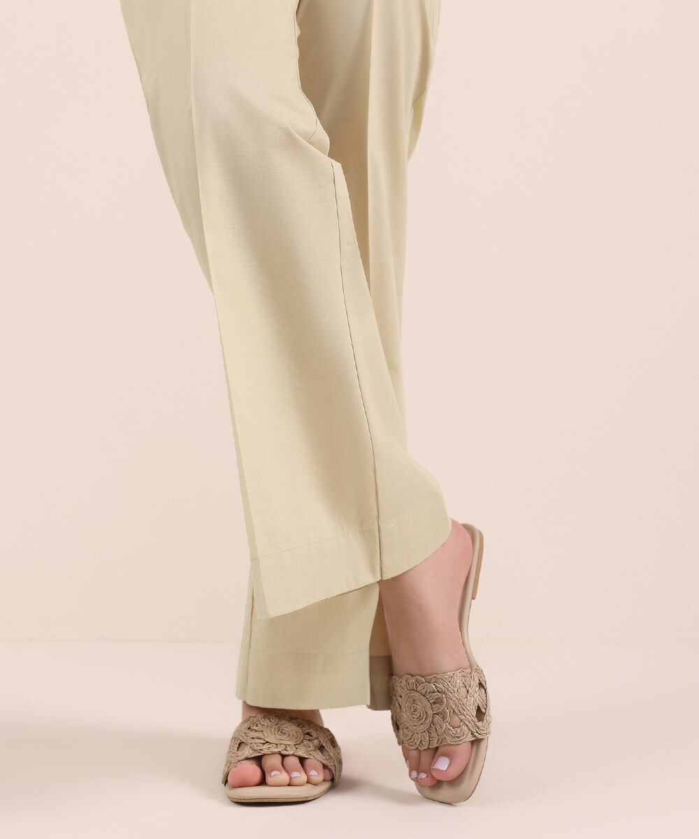 Woman - Beige Solid Cambric Boot-Cut Pants