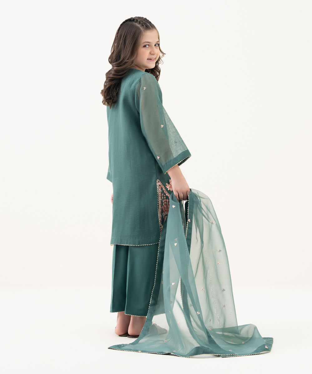 Girl's Blended Textured Karandi Embroidered Green Three Piece Suit