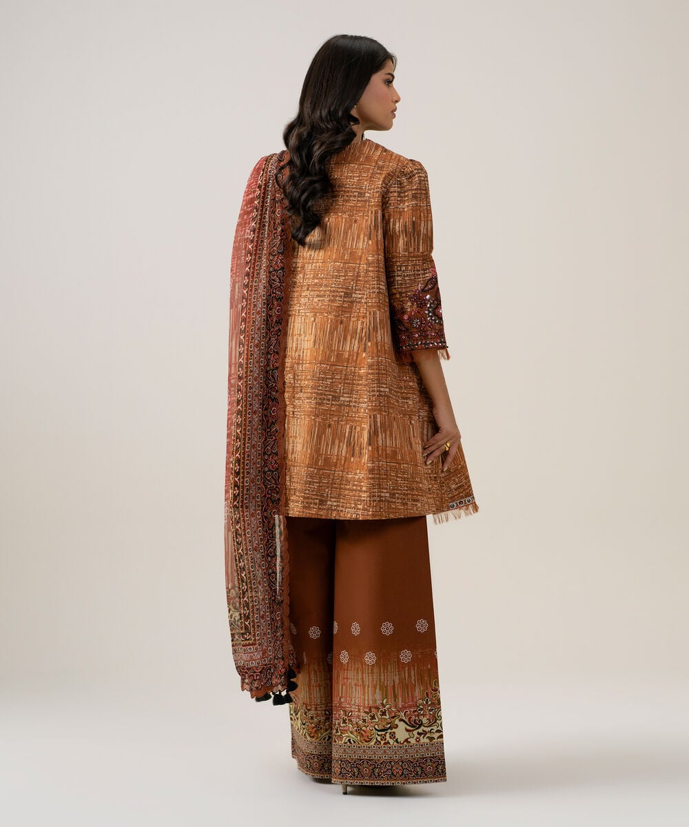 Women's Unstitched Blended Chiffon Printed Rust Brown 3 Piece Suit