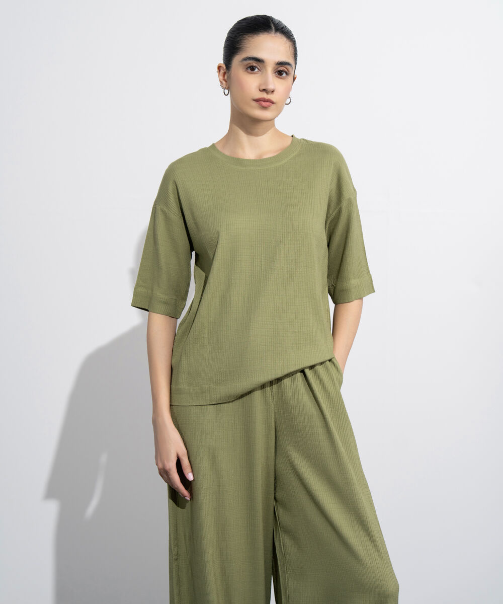 Women's Western Wear Green Seesucker Short Sleeve Top