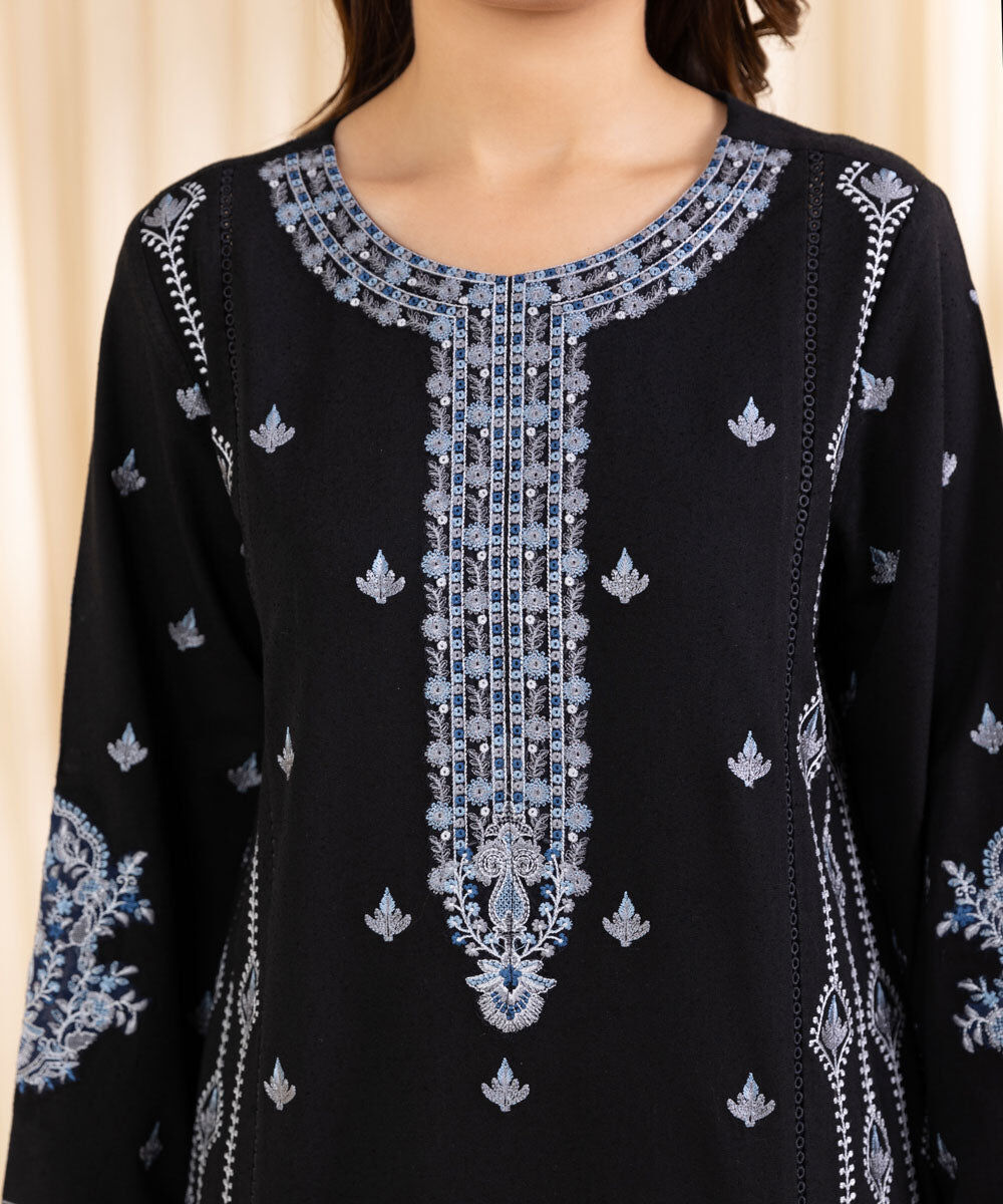 Women's Unstitched Black Cotton Karandi Three Piece Suit