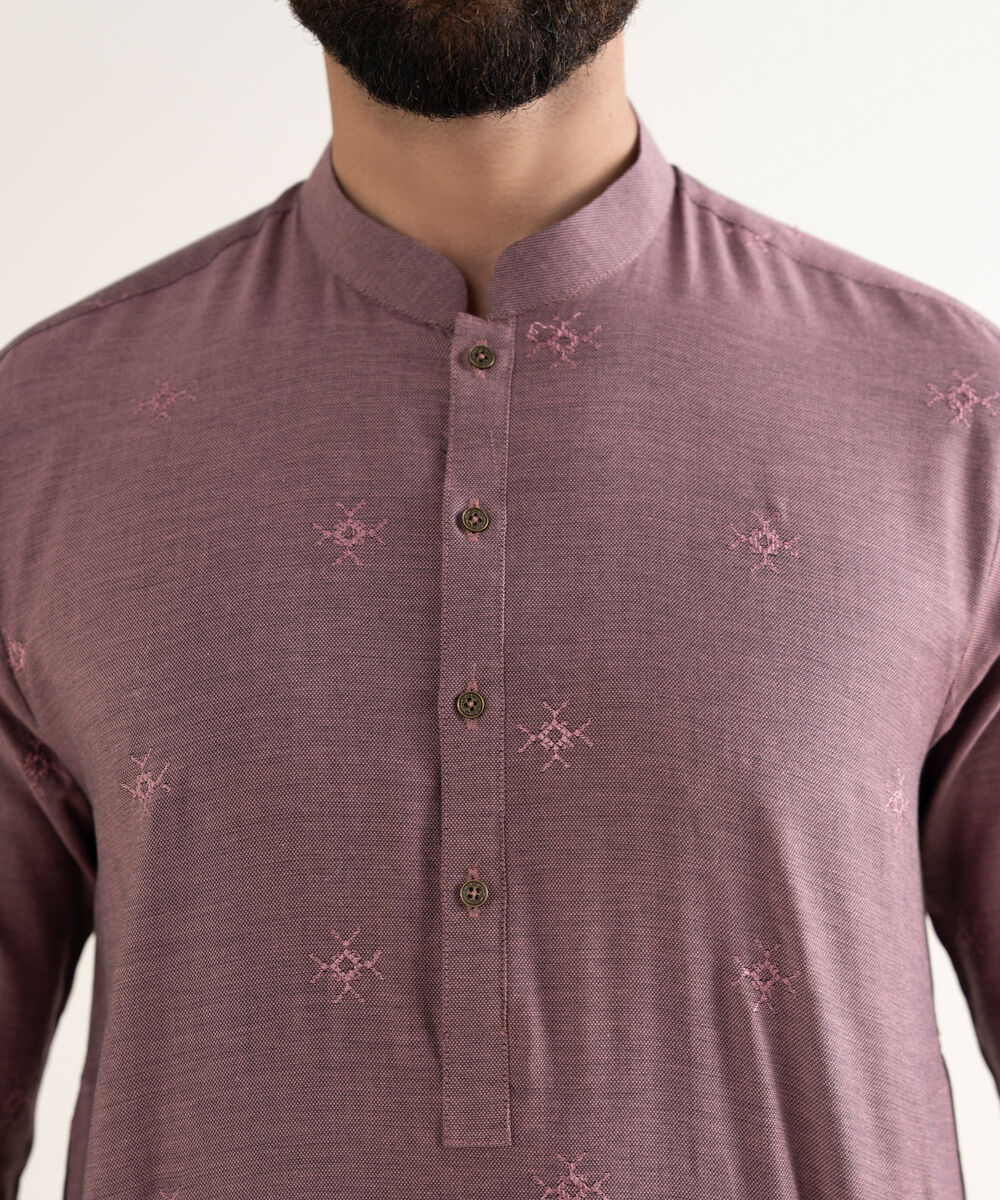 Men's Yarndyed Wash & Wear Embroidered Purple Kurta