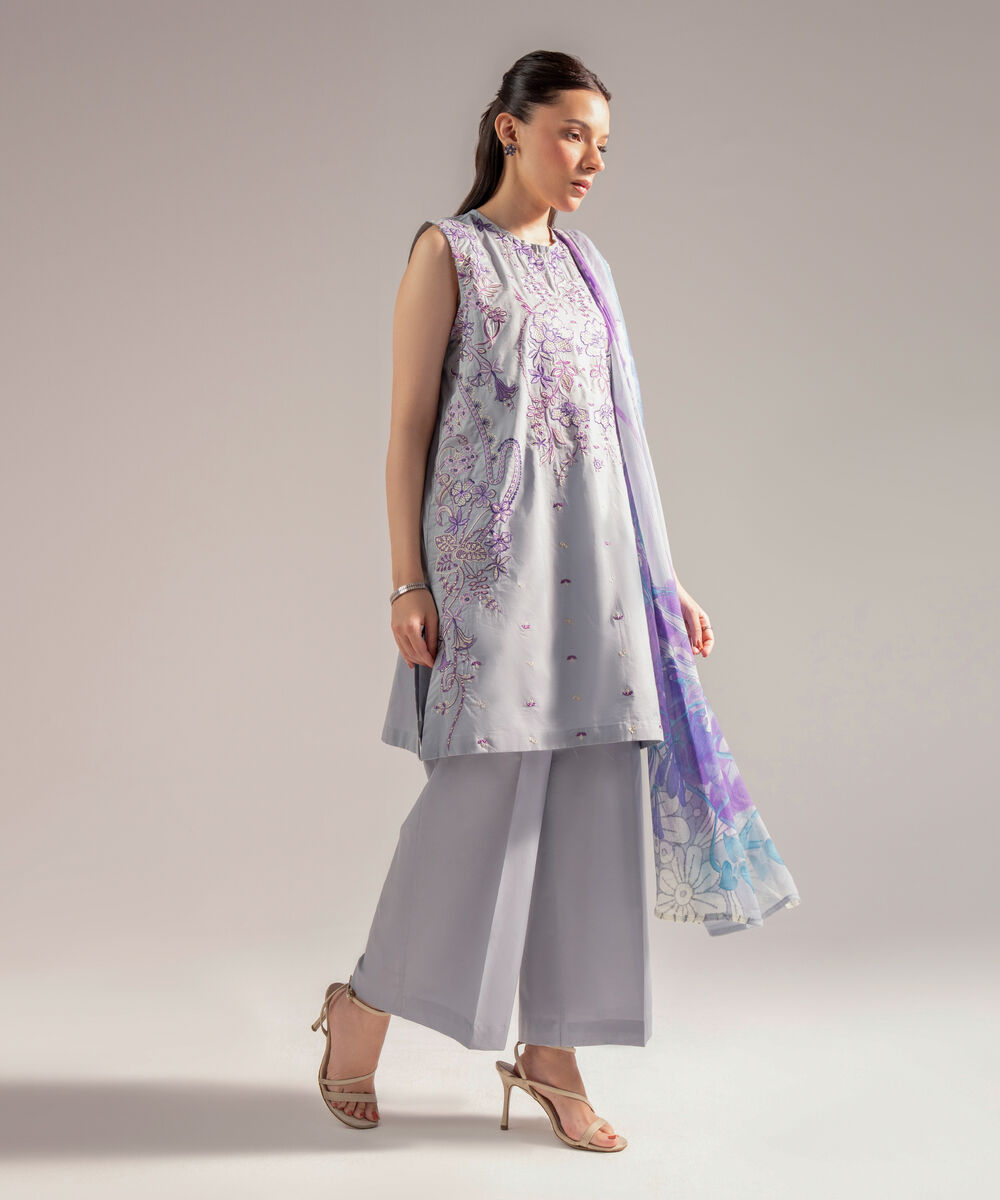 Women's RTW Cambric Embroidered Grey 3 Piece Suit