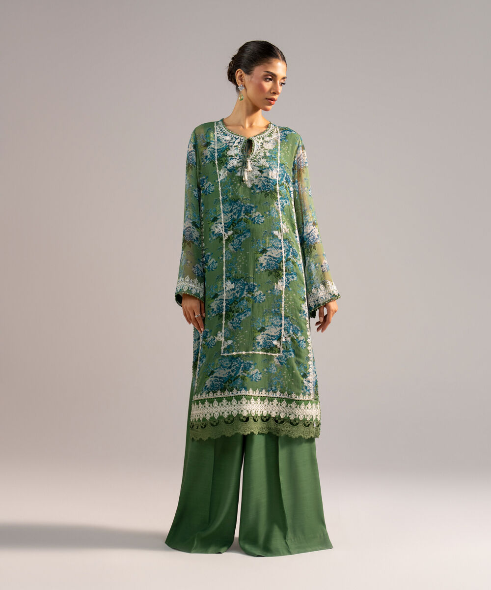 Women's RTW Chiffon Embroidered Green 2 Piece Suit