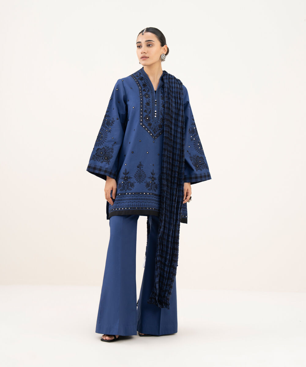 Women's Unstitched Lawn Embroidered Blue 3 Piece Suit