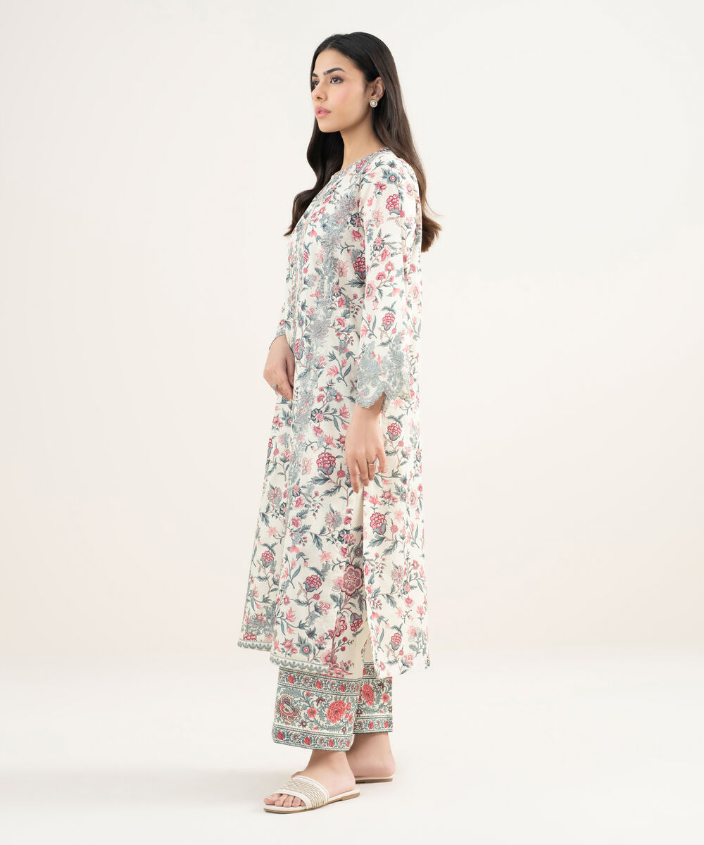 Women's RTW Slub Lawn Embroidered Off White A-Line Shirt