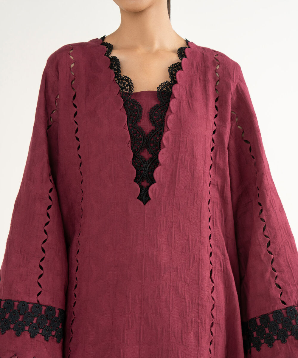 Women's Unstitched Cotton Jacquard Embroidered Red 3 Piece Suit