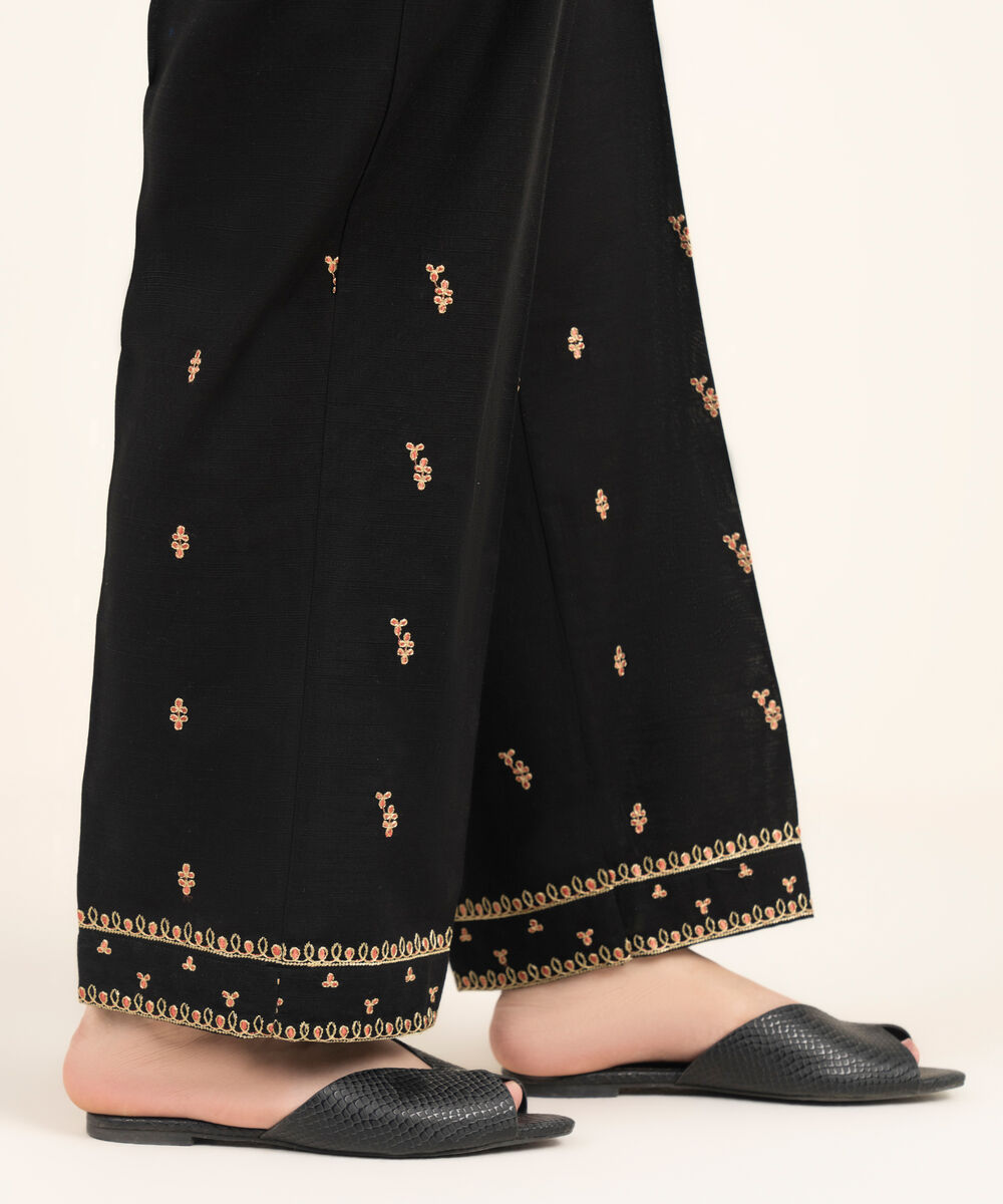 Women's RTW Khaddar Embroidered Black Straight Pants
