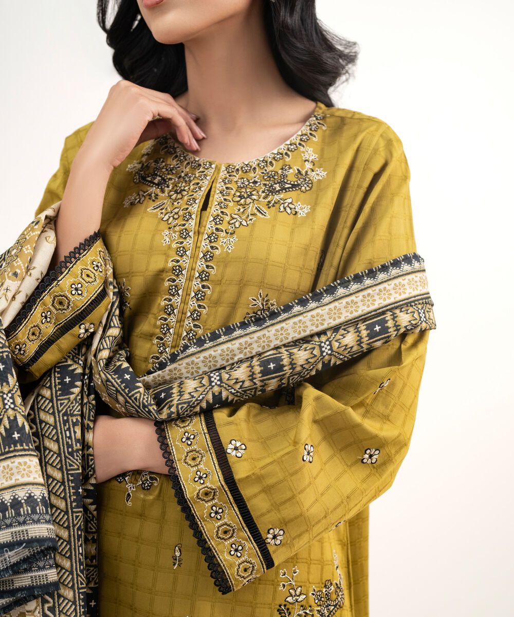 Women's RTW Dobby Embroidered Yellow 3 Piece Suit