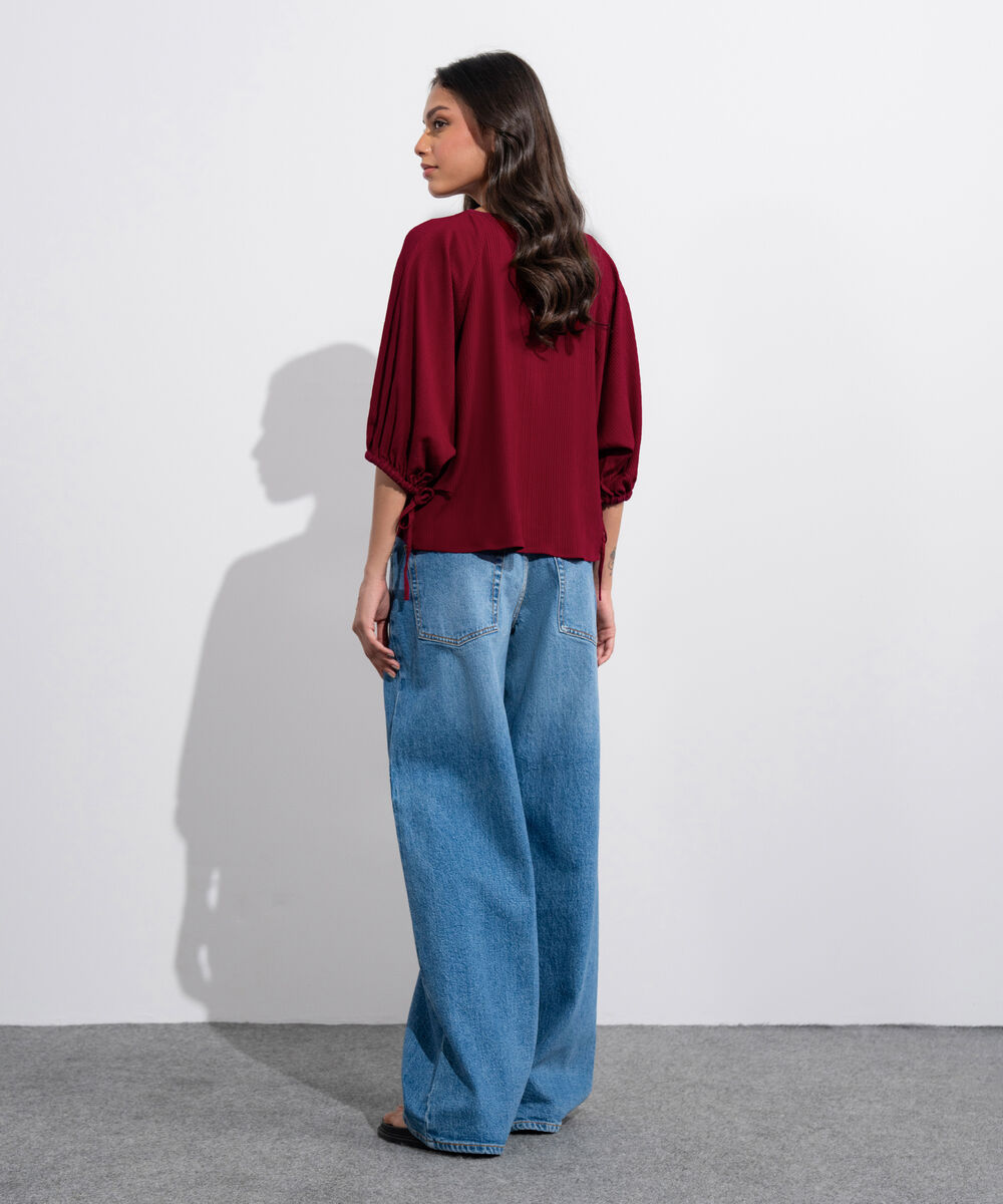 Women's Western Cherry Red  Seersucker Kimono Top