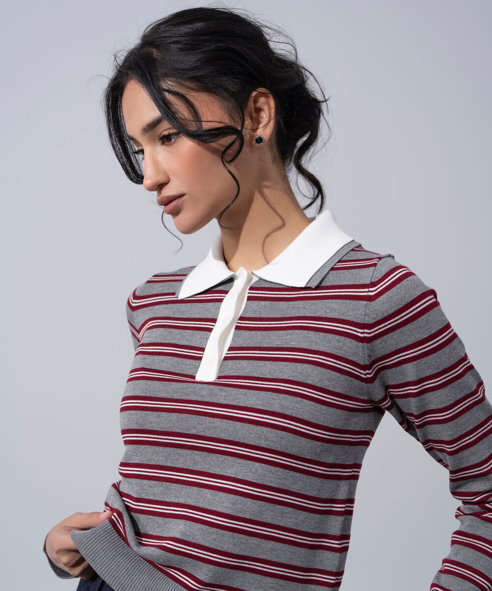 Women's Western Wear Grey And Merlot Polyester Striped Contrast Knit Polo Sweater
