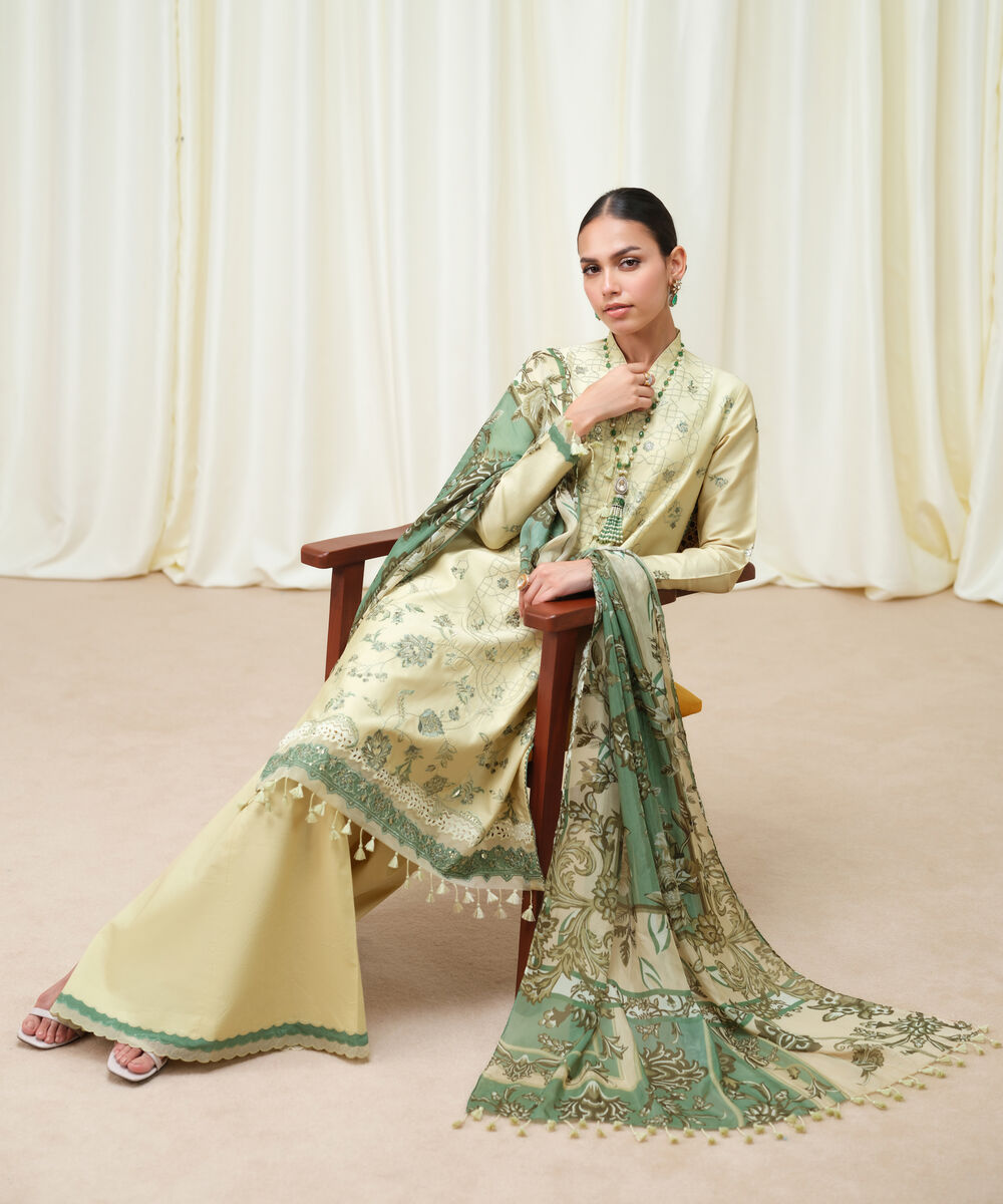 Women's Unstitched Fine Cotton Satin Embroidered Off White 3 Piece Suit