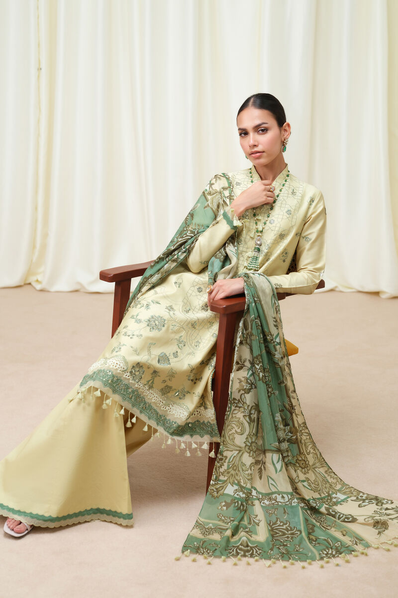 3 Piece - Embroidered Cotton Satin Suit