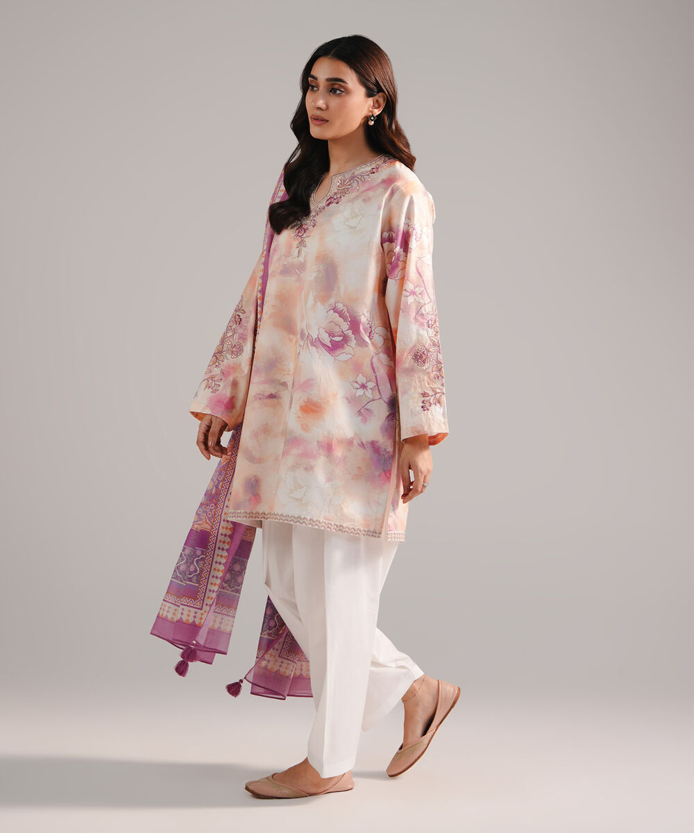 Women's RTW Cambric Embroidered Peach 3 Piece Suit