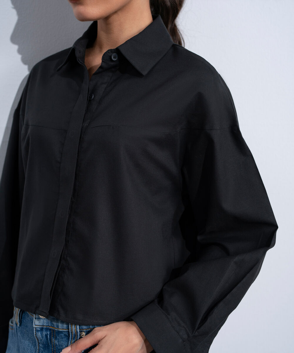 Women's Western Black Short Body Oxford Shirt