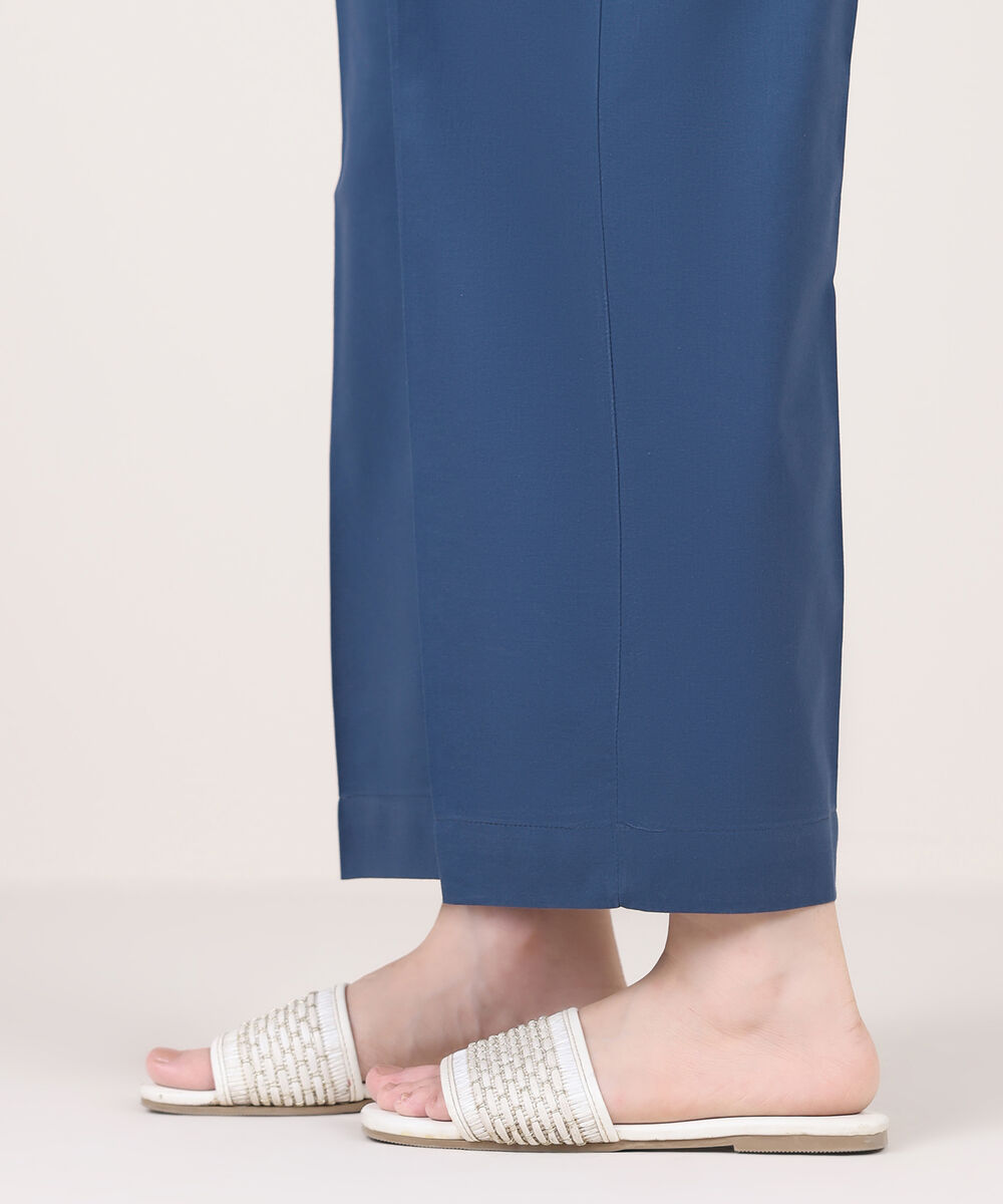 Women's RTW Cambric Blue Solid Straight Pants