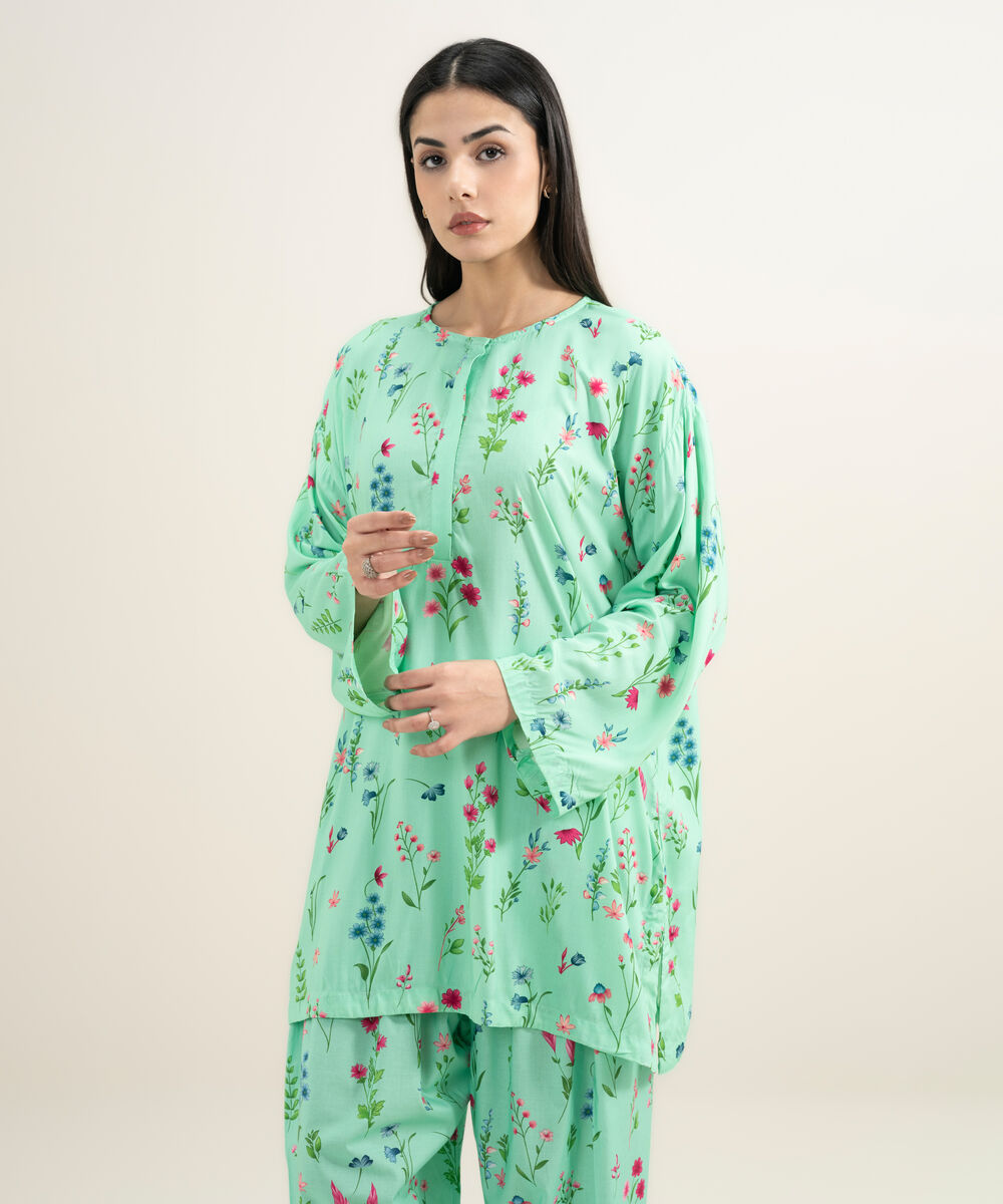 Women's RTW Arabic Lawn Printed Turquoise 2 Piece Suit