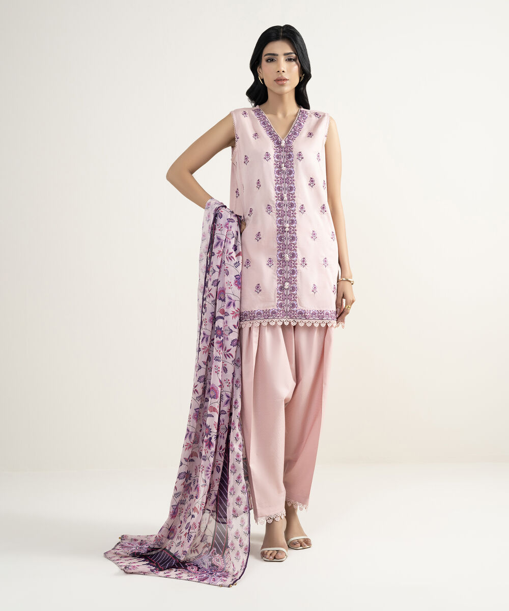 Women's RTW Dobby Embroidered Pink 3 Piece Suit