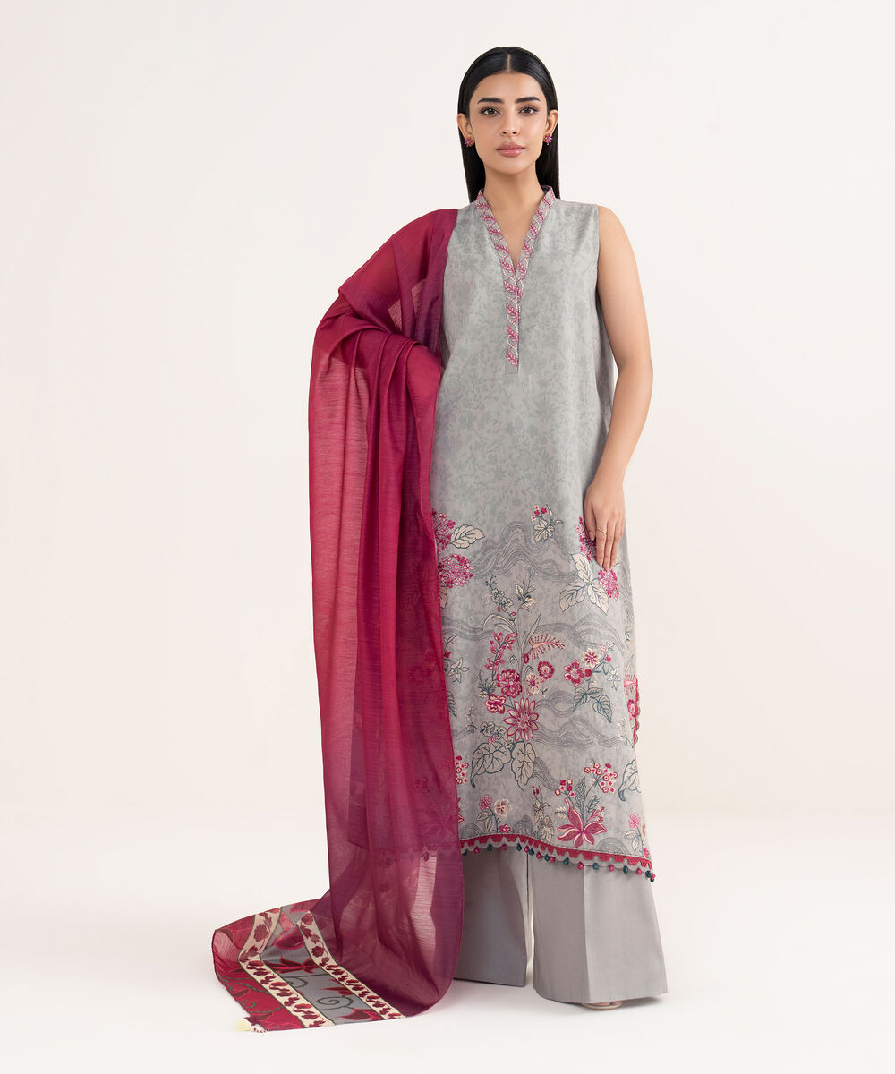 Women's Unstitched Cotton Jacquard Embroidered Grey 3 Piece Suit