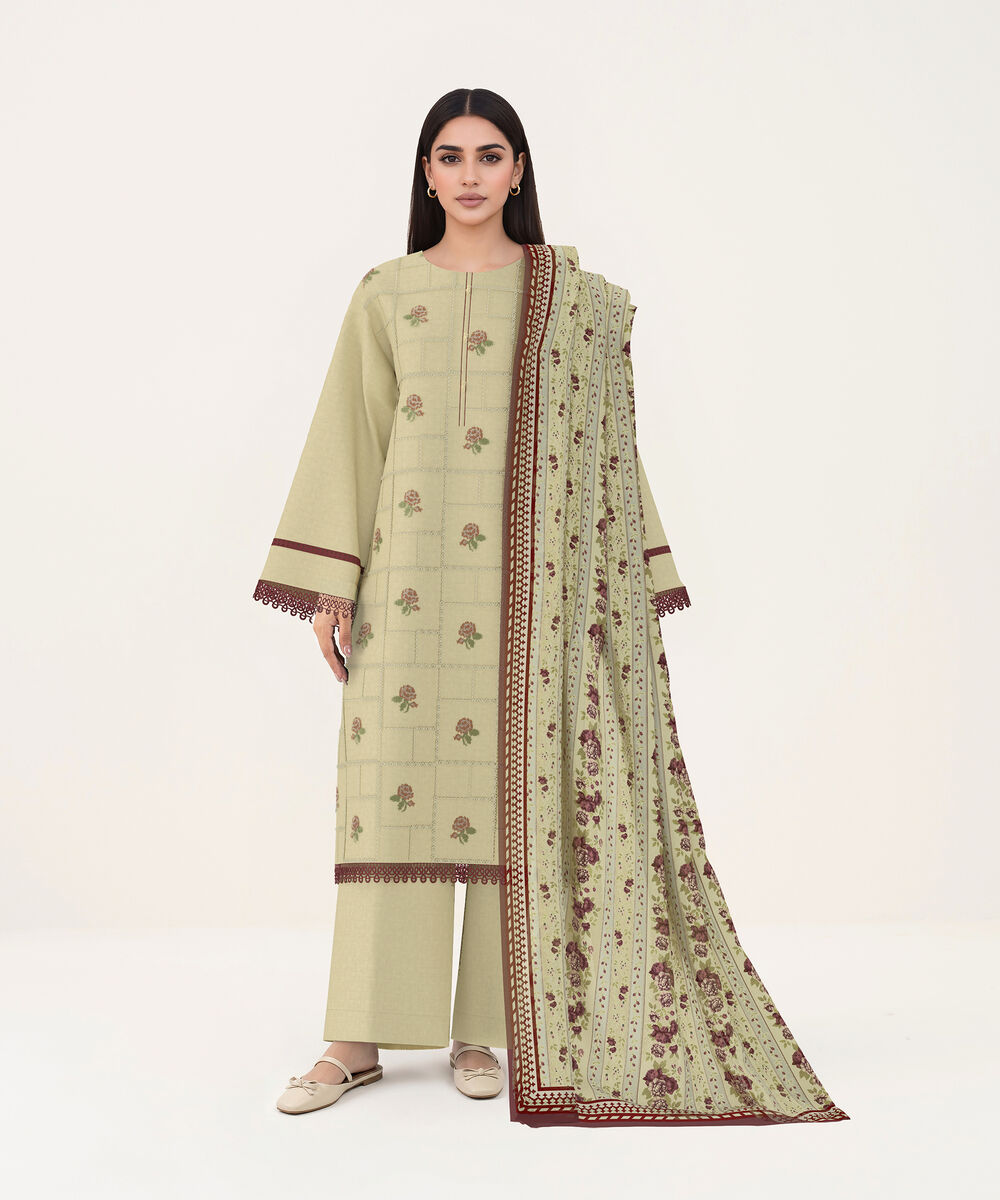 Women's Unstitched Self Jacquard Light Beige Embroidered 3 Piece Suit
