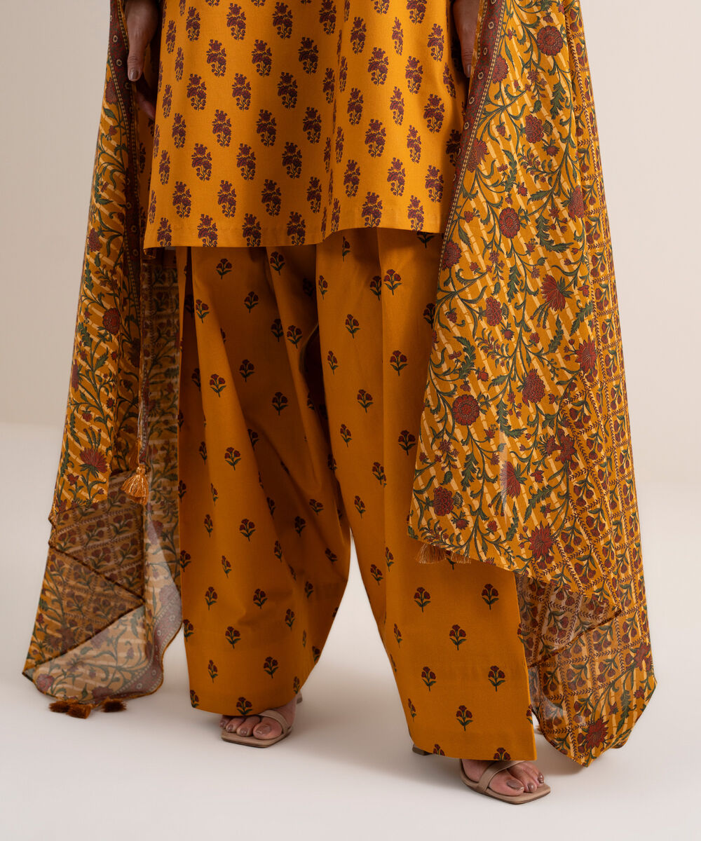 Women's Unstitched Lawn Printed Yellow and Red 3 Piece Suit