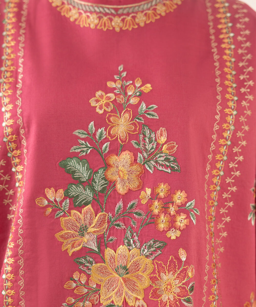 Women's Unstitched Cotton Embroidered Red Two Piece Suit