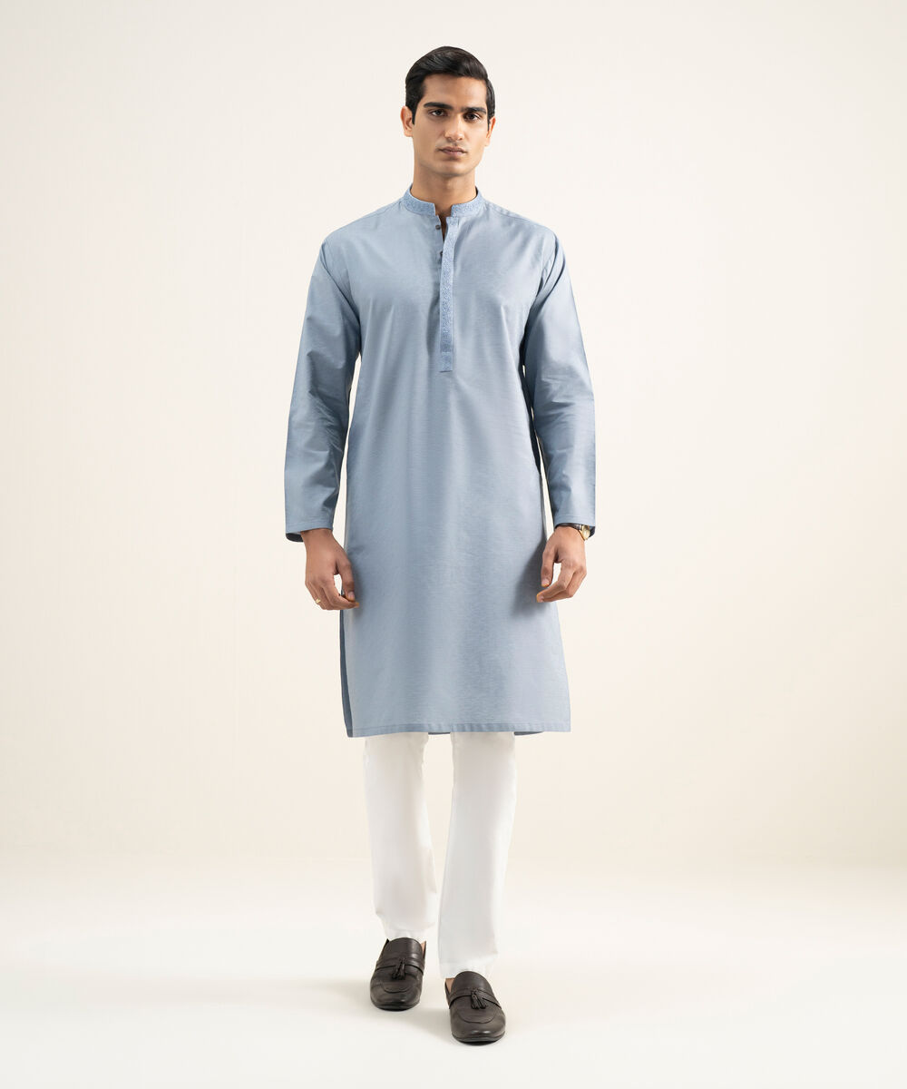 Men's Stitched Cotton Jacquard Grey Kurta