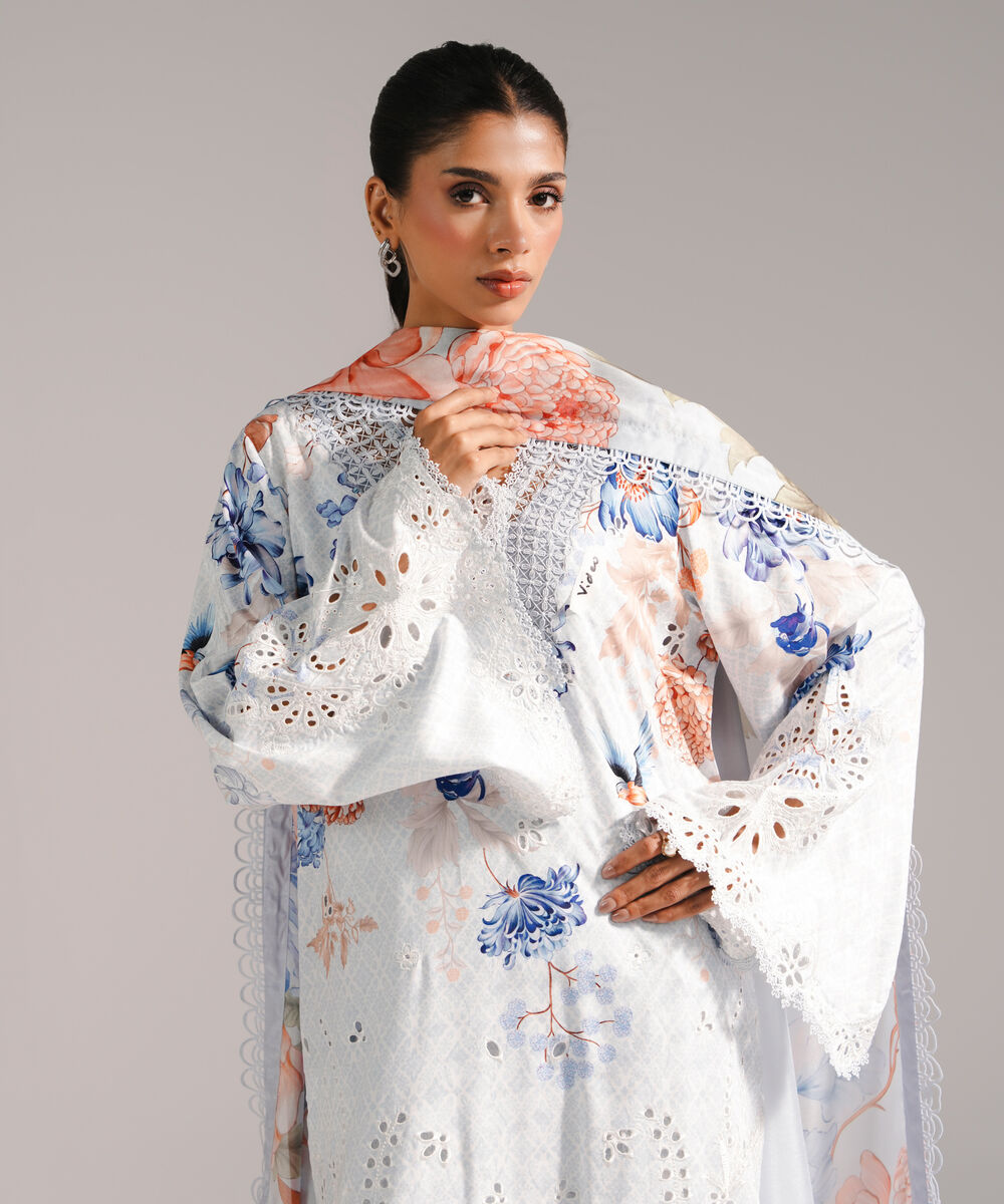 Women's RTW Arabic Self Jacquard Embroidered Light Blue 3 Piece Suit
