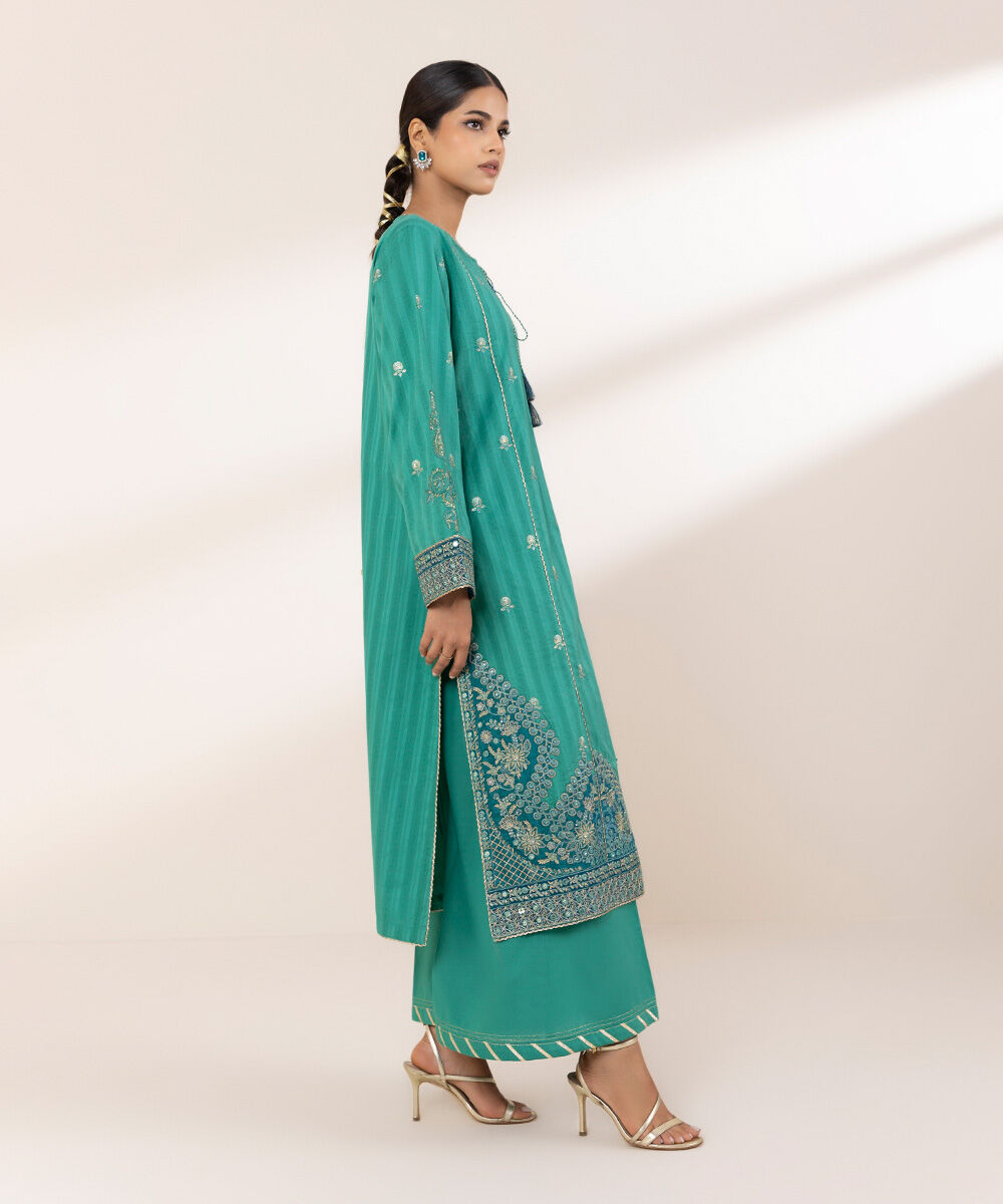 Women's RTW Dobby Green Embroidered A-Line Shirt