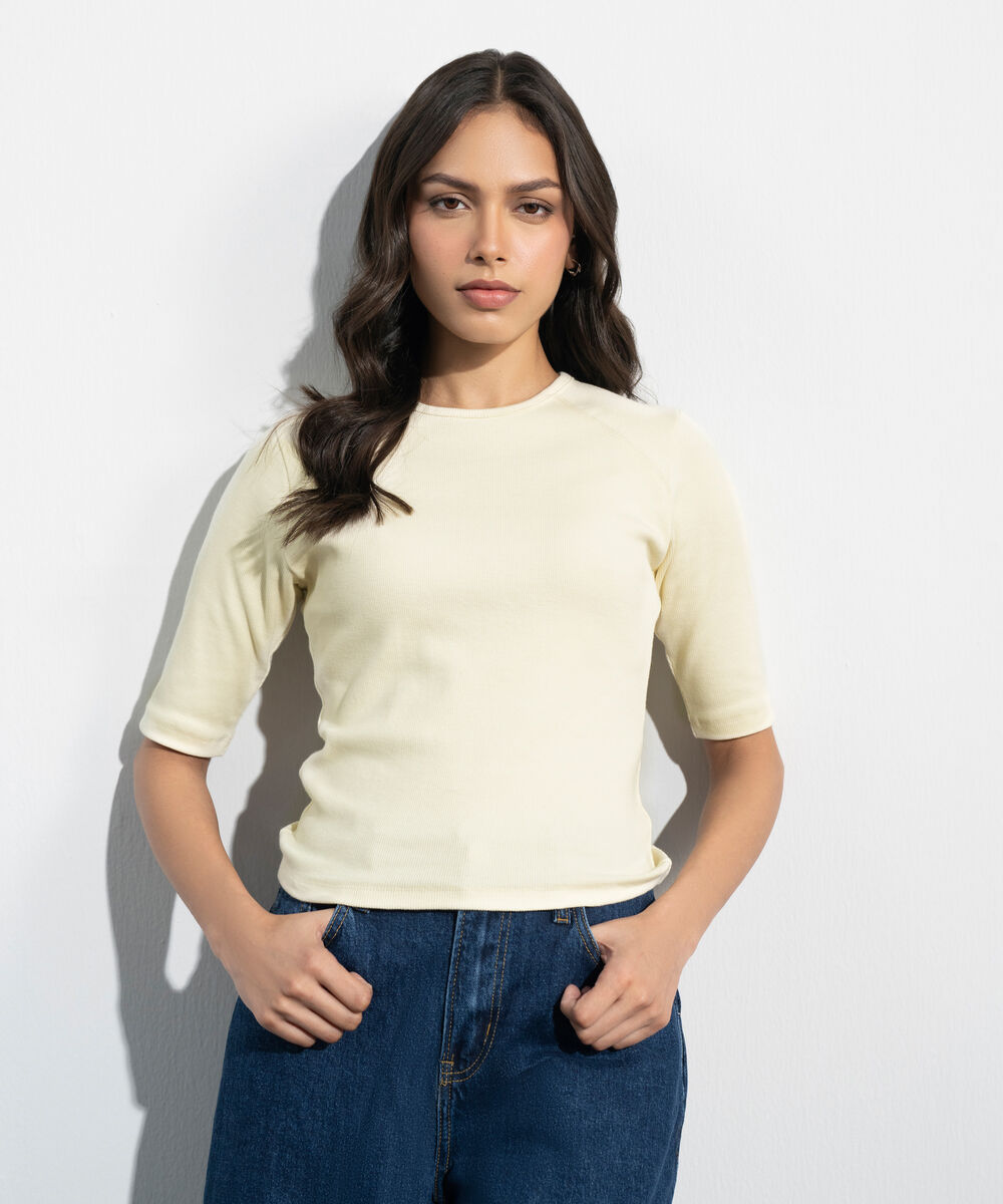 Women's Western Off white Slim-Fit Ribbed Top