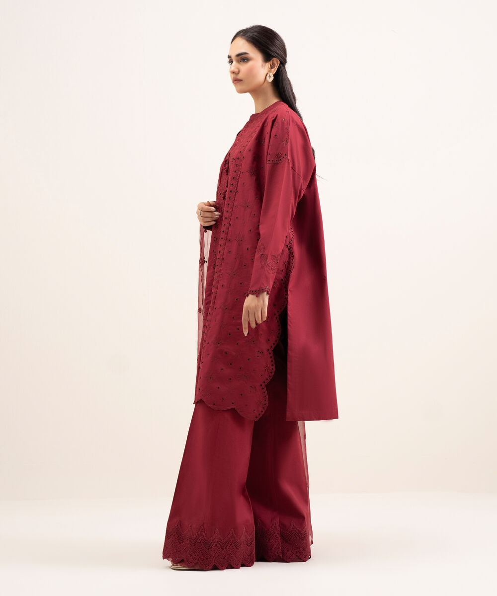 Women's Unstitched Textured Lawn Embroidered Red 3 Piece Suit