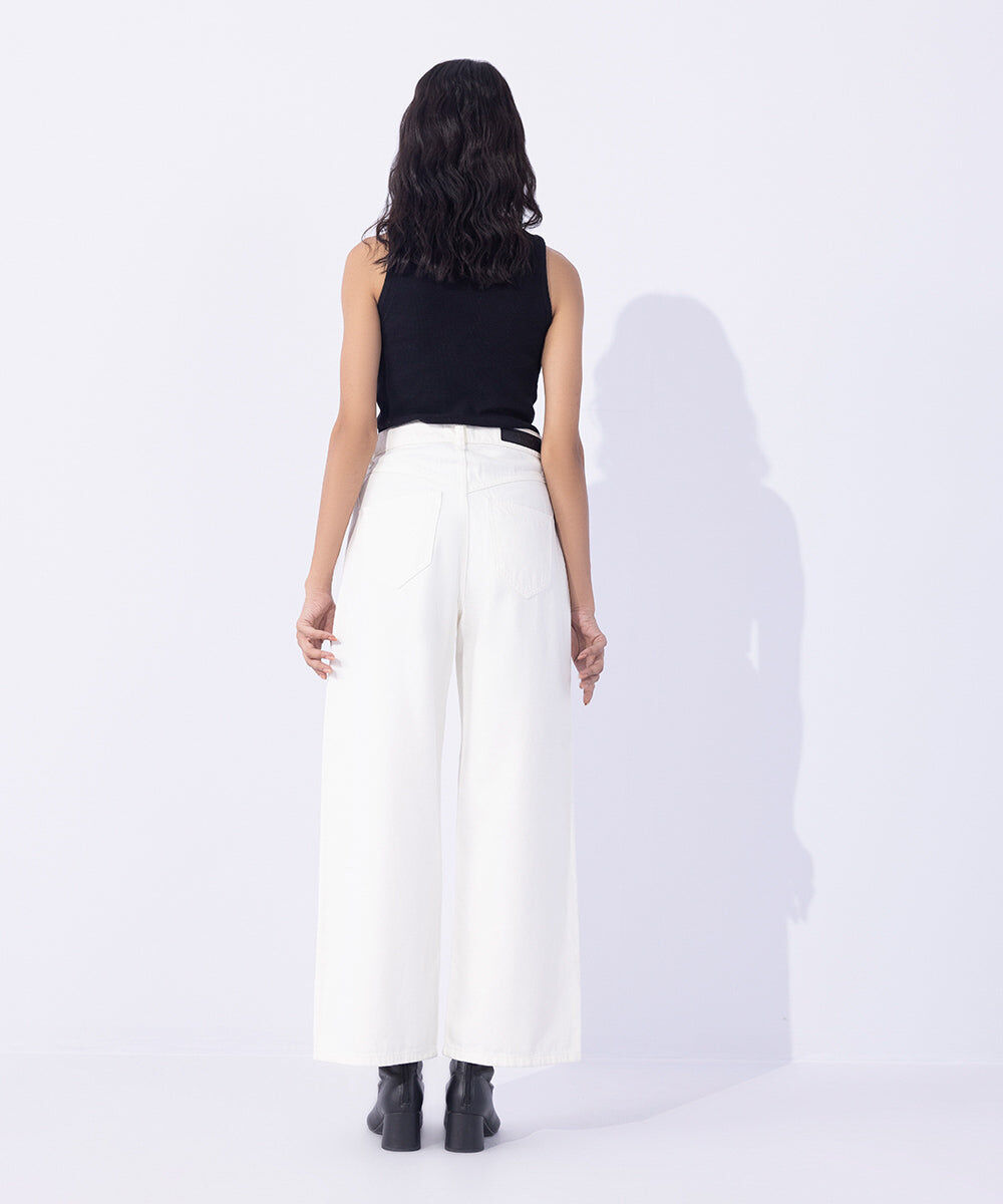 Woman - Off White Cropped Wide Leg Jeans