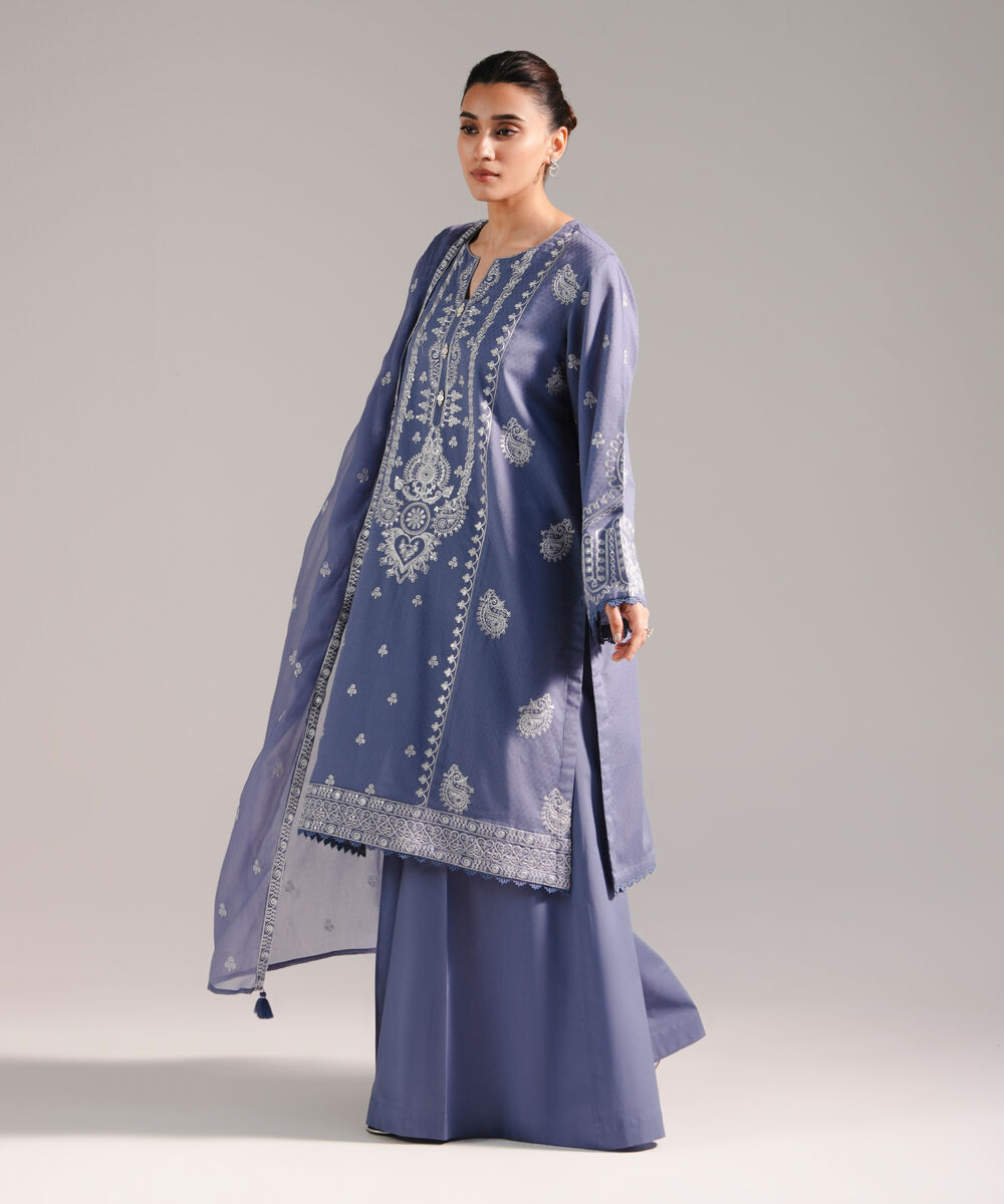 Women's RTW Dobby Embroidered Steel Blue 3 Piece Suit