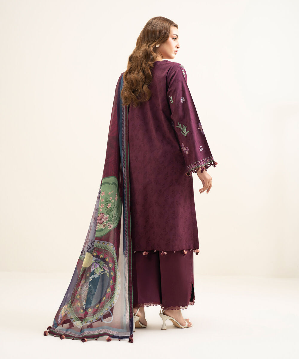 Women's Unstitched Cotton Jacquard Embroidered Red 3 Piece Suit