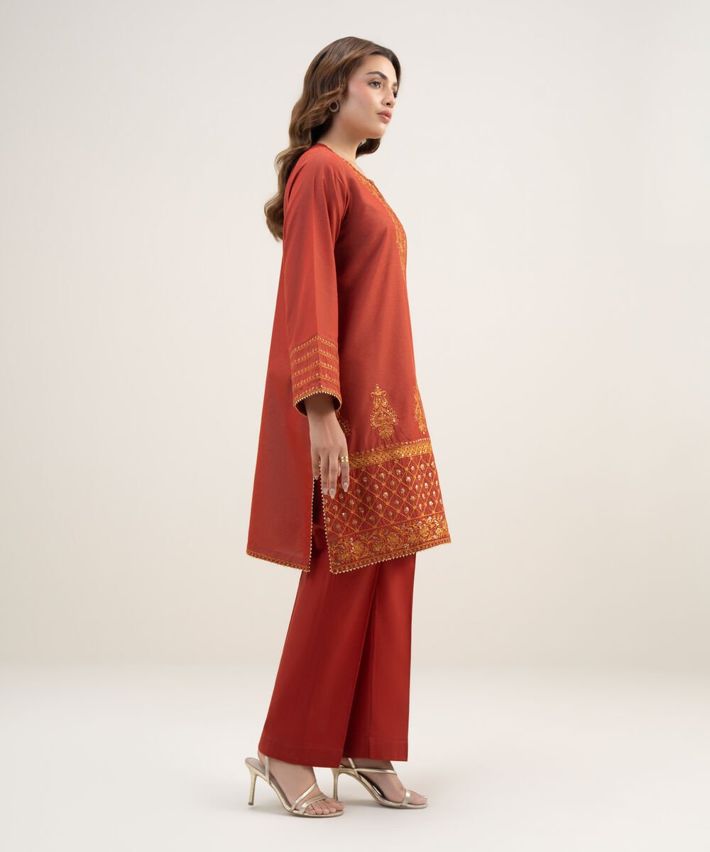 Women's RTW Zari Lawn Embroidered Rust A-Line Shirt