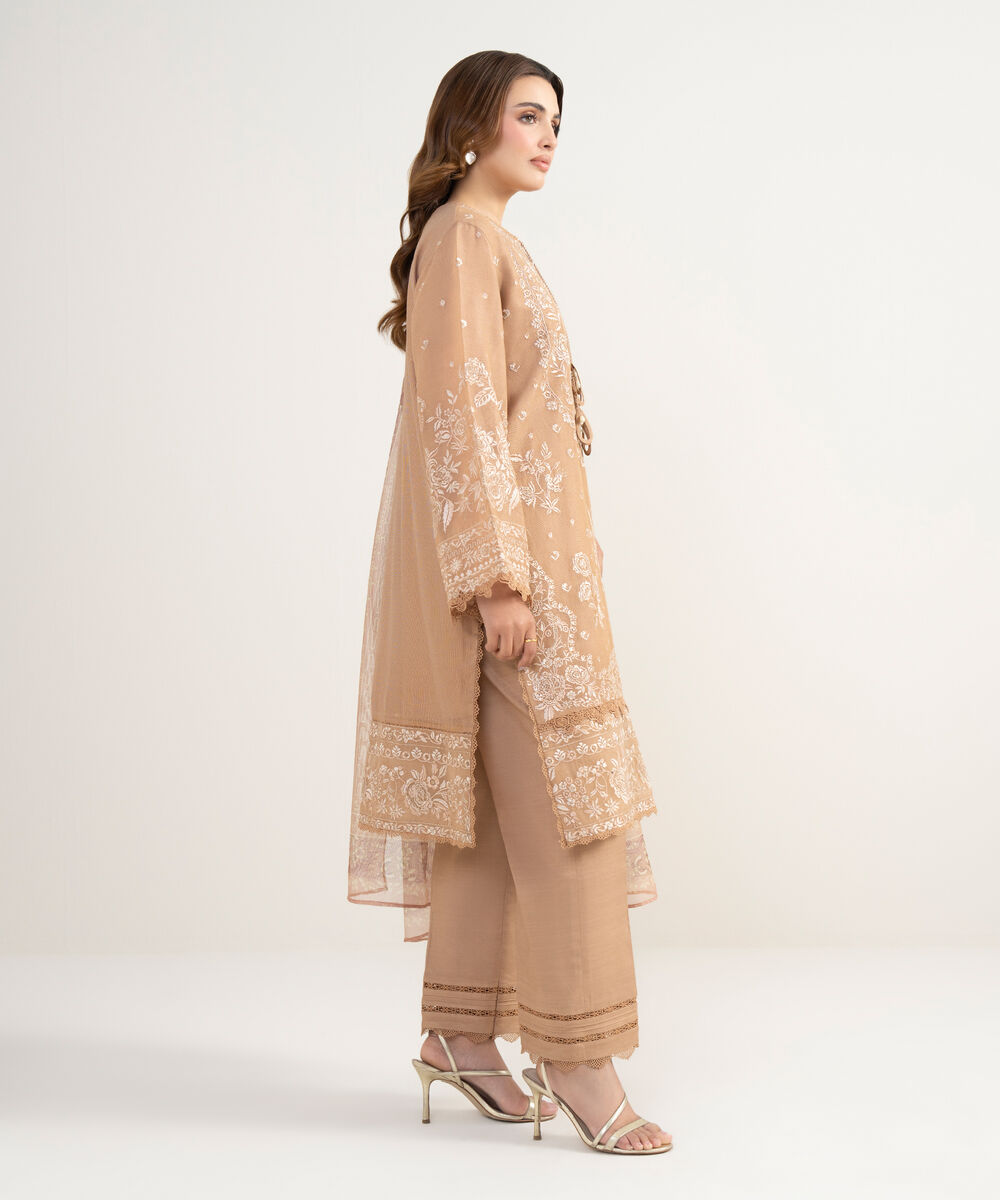 Women's Unstitched Blended Viscose Khaddi Net Embroidered Beige 3 Piece Suit