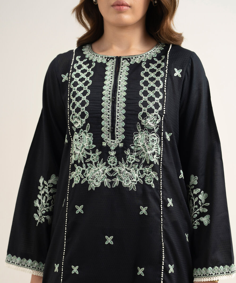 Women's RTW Dobby Embroidered Black A-Line Shirt