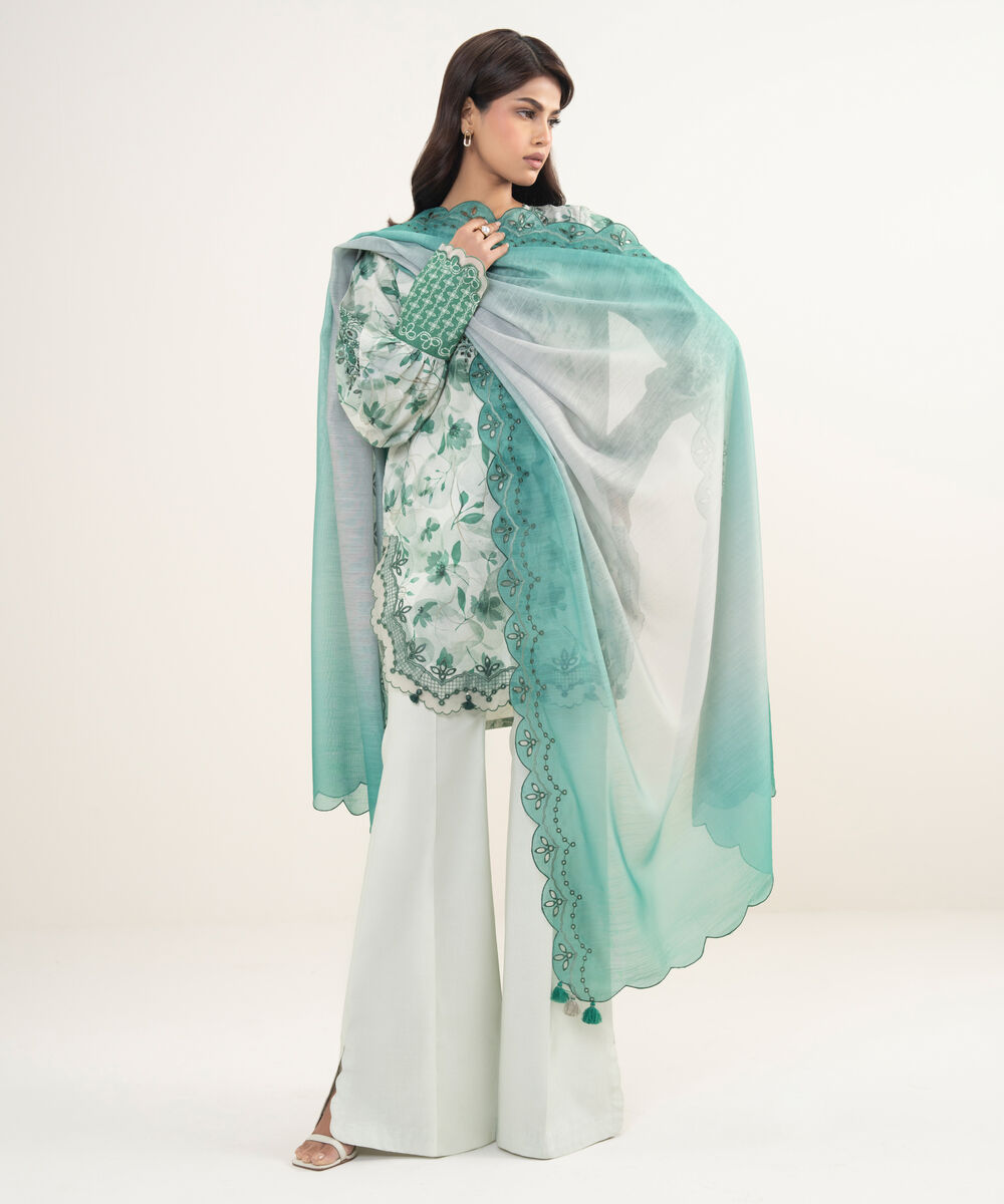 Women's Unstitched Cotton Jacquard Embroidered Green and Off White 3 Piece Suit