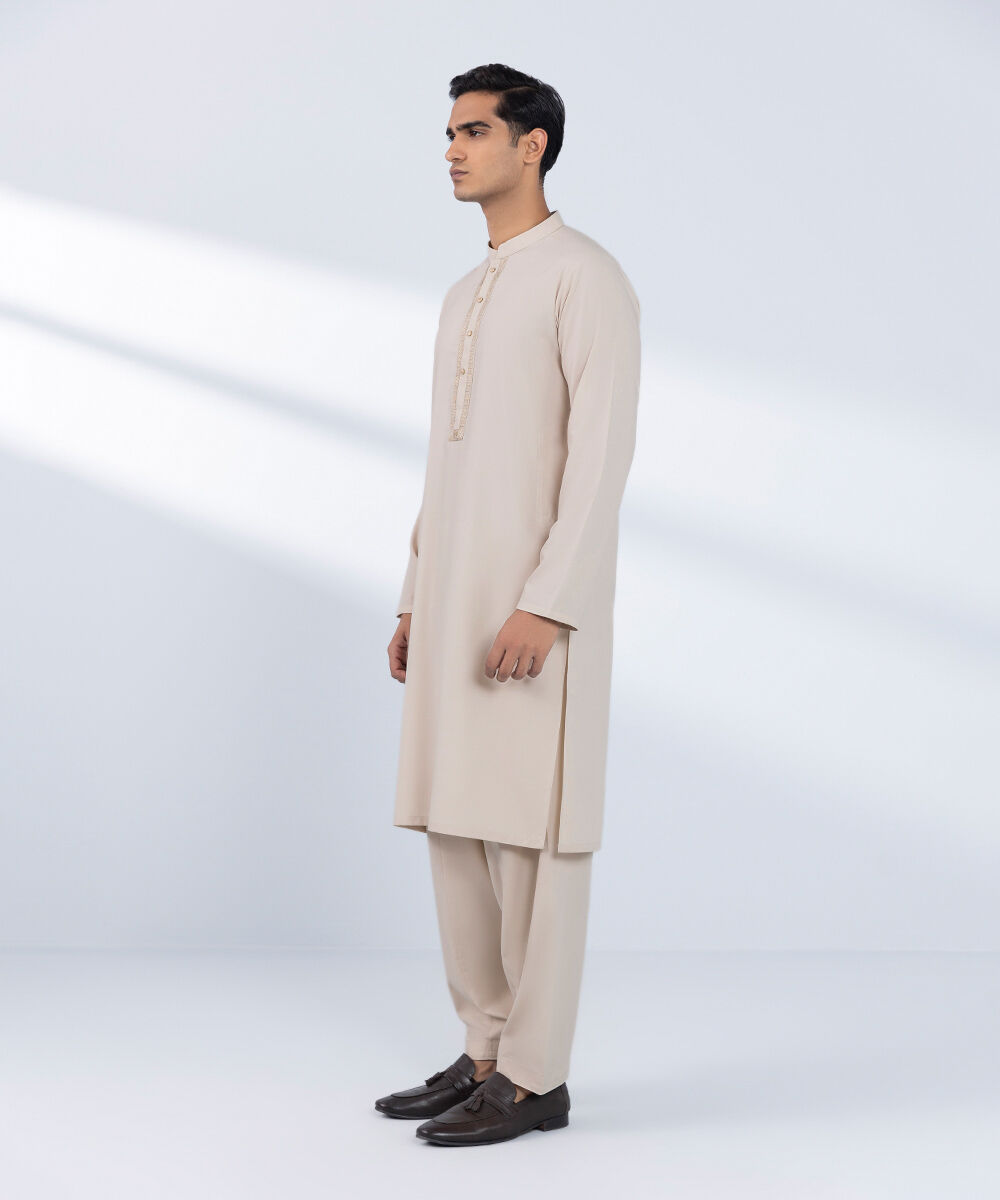 Men's Stitched Embroidered Beige 2 PC Suit