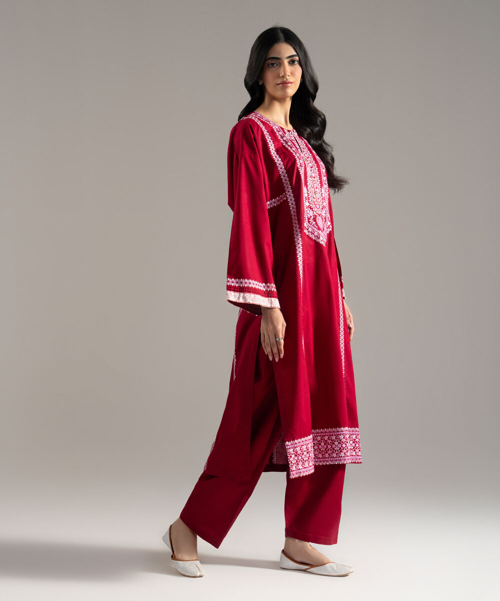 Women's RTW  Cambric Solid Embroidered Maroon Drop Shoulder