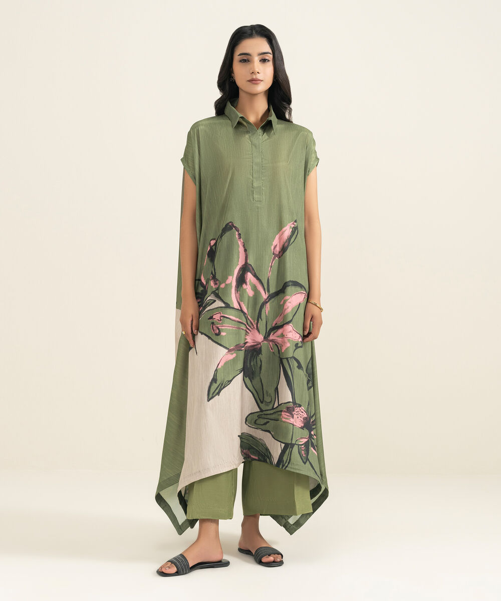 Women's RTW Blended Grip Silk Printed Green 2 Piece Suit