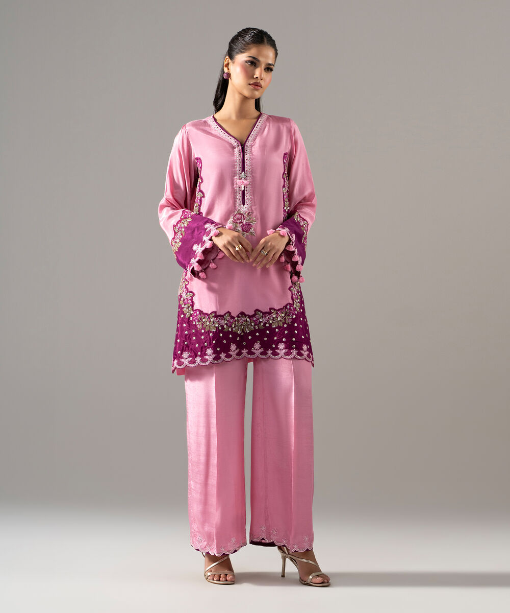 Women's RTW Thai Silk Solid Embroidered Pink 2 Piece Suit